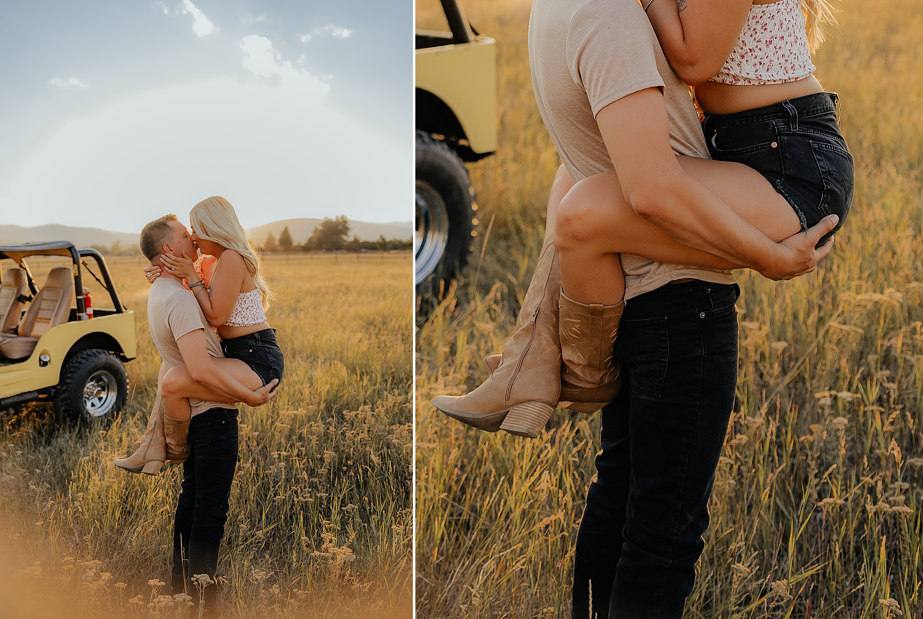 man lifts his wife up in a field of tall grass