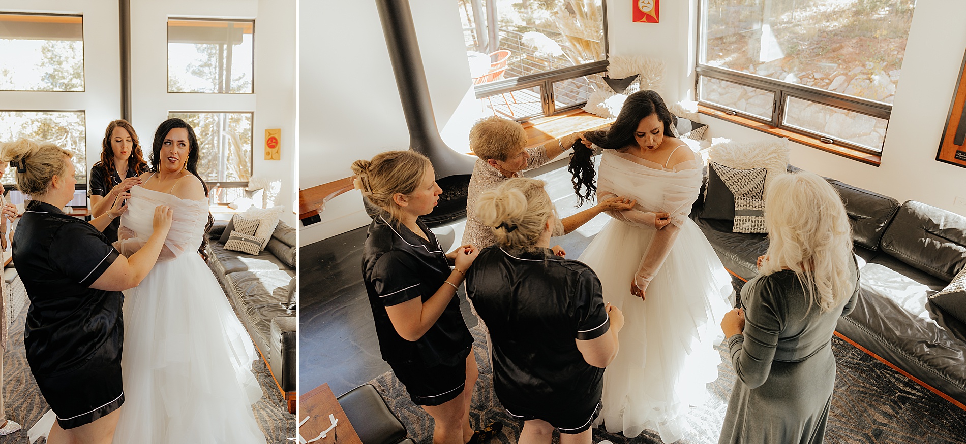 bride getting into wedding dress