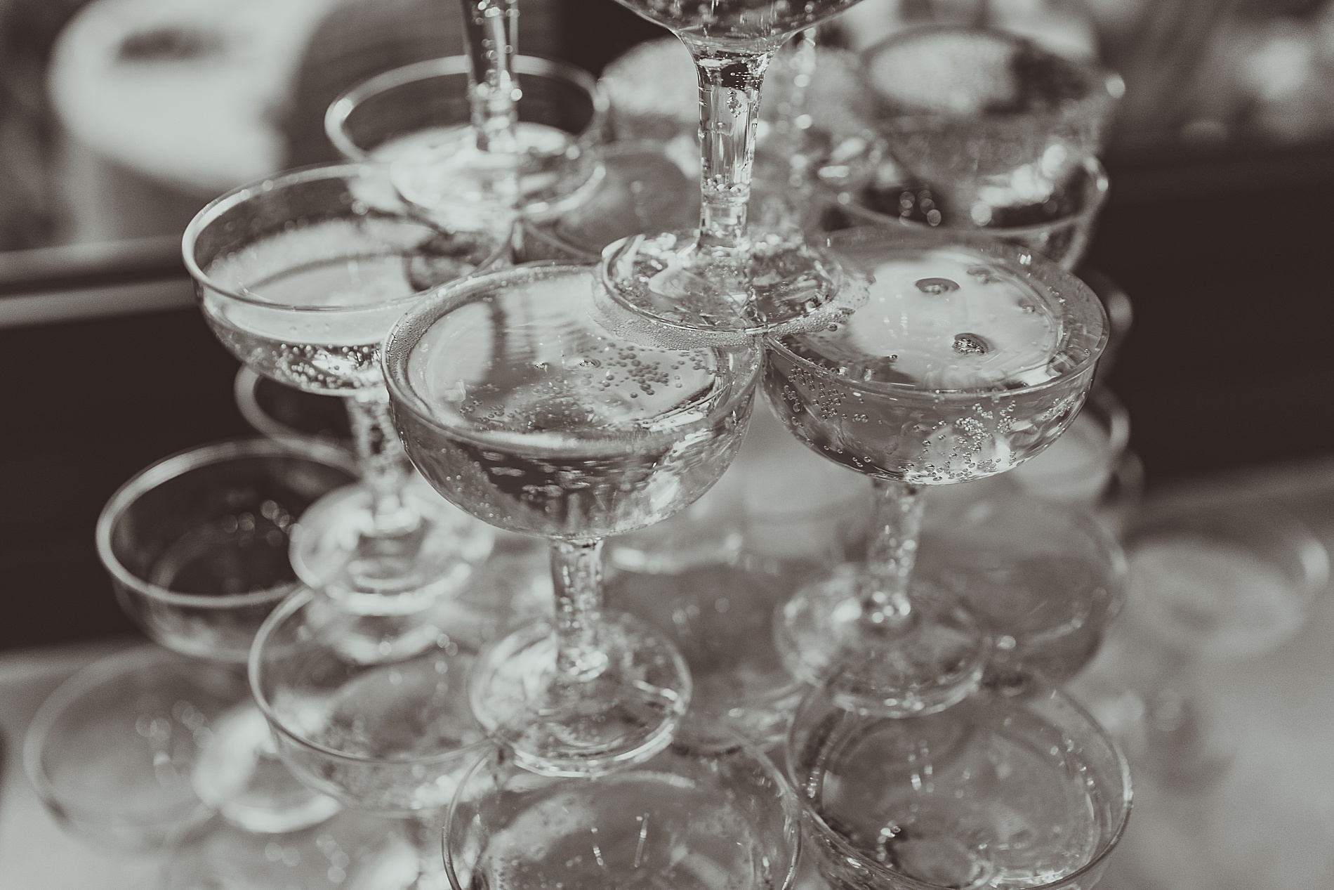 champagne tower at wedding reception