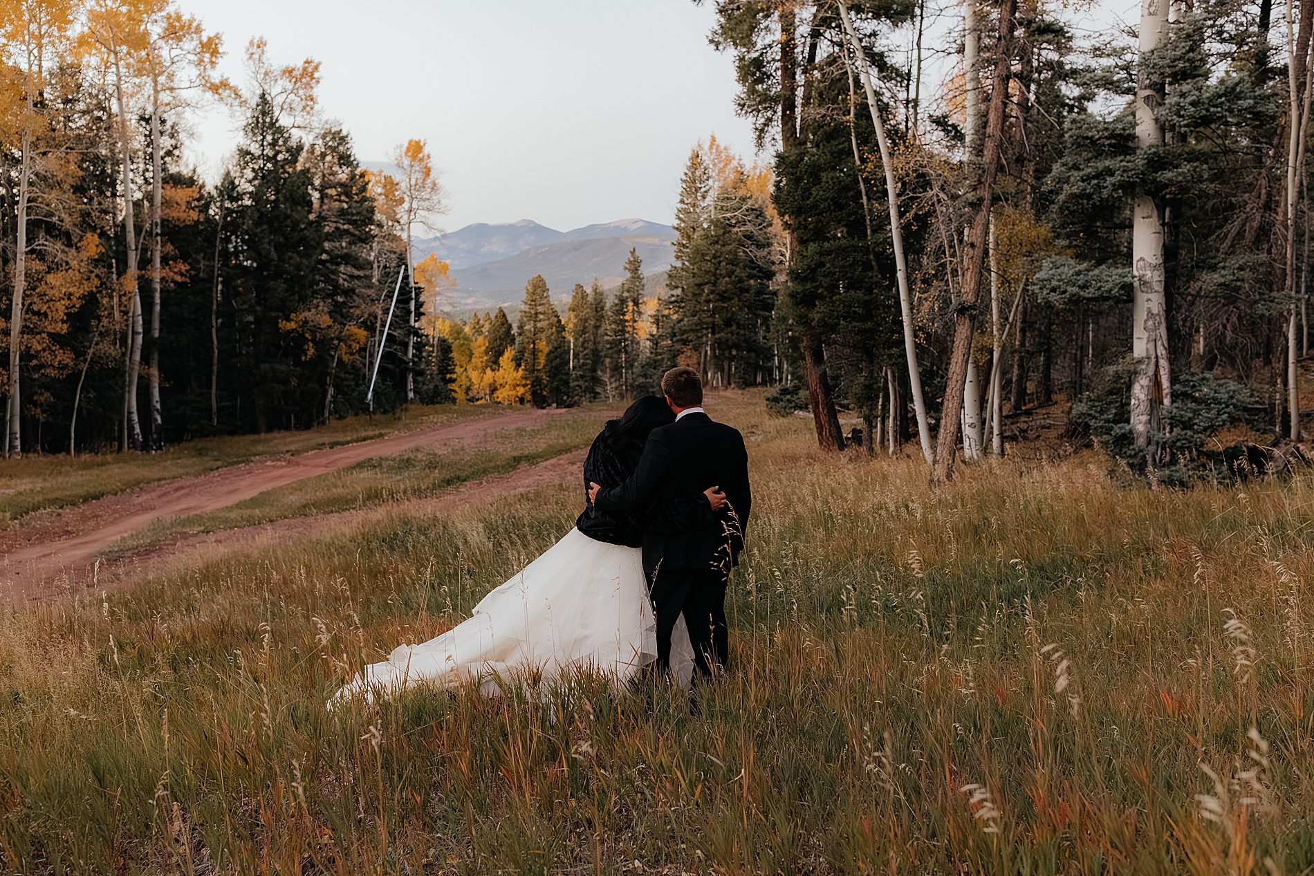 newlyweds take in the scenery and mountains 