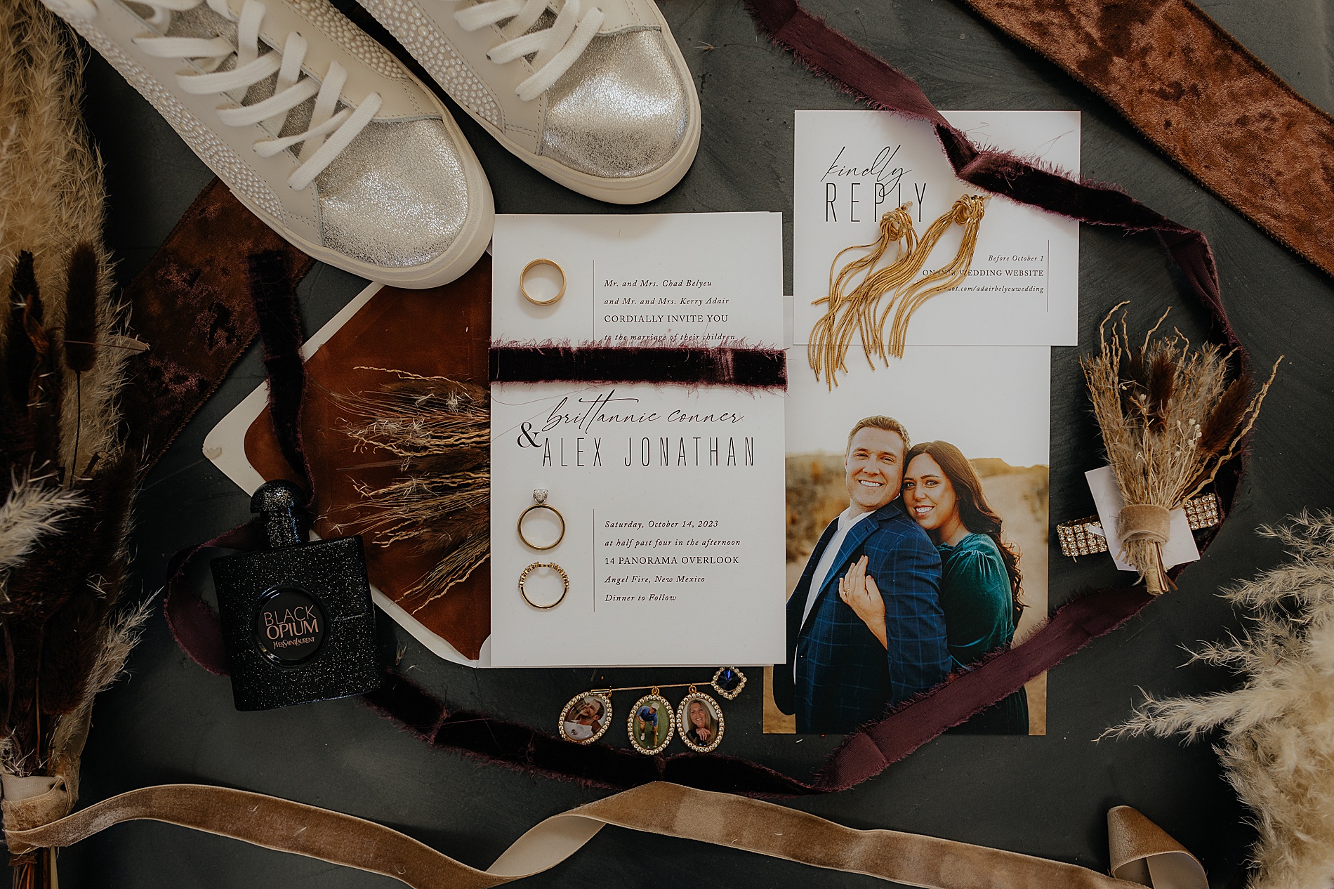 Flat lay design from intimate micro wedding in Angel Fire, NM