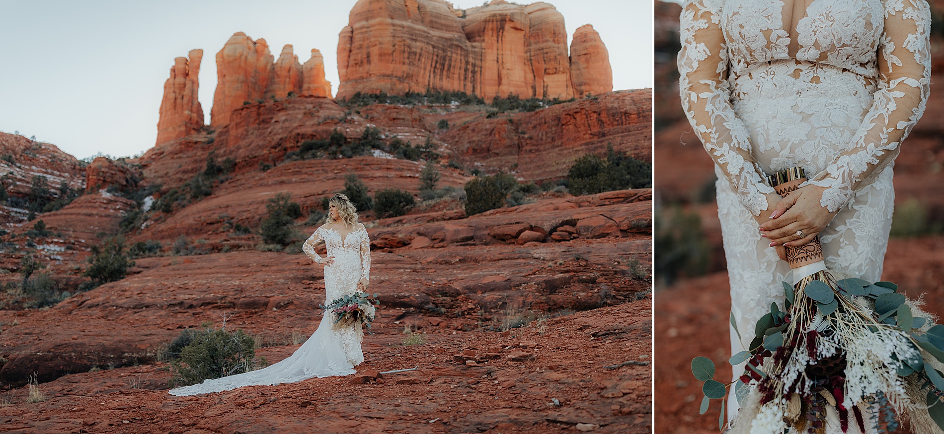 bride in long sleeve lace wedding dress holding boho bridal bouquet