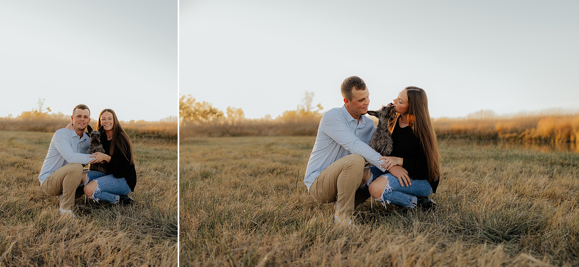 fun and playful couple hold their dog during Candid and Fun Engagement Session