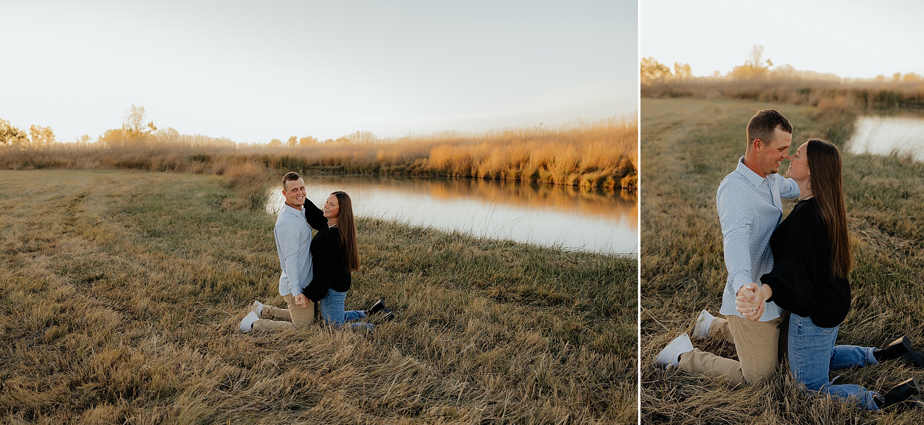 couple by lake during engagement session