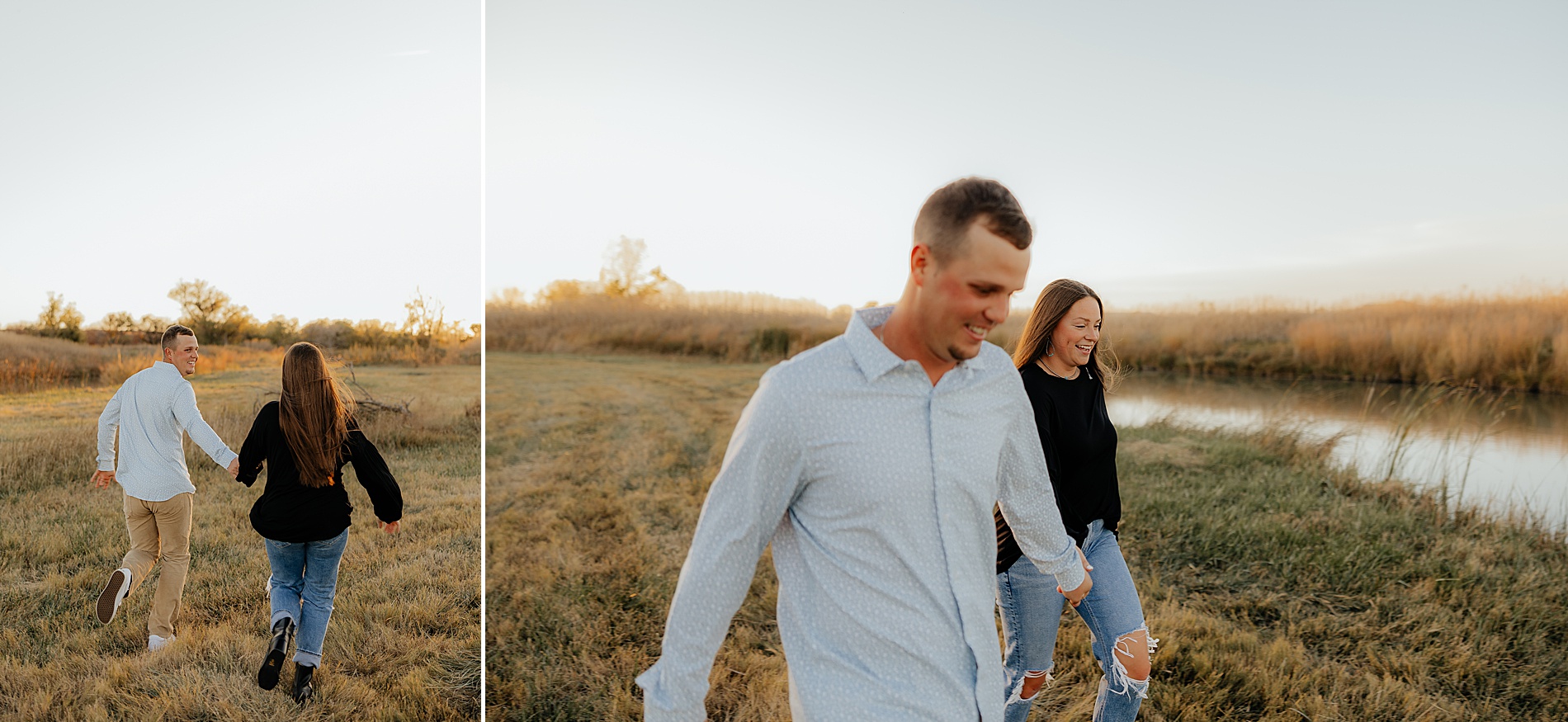 engaged couple walk by water