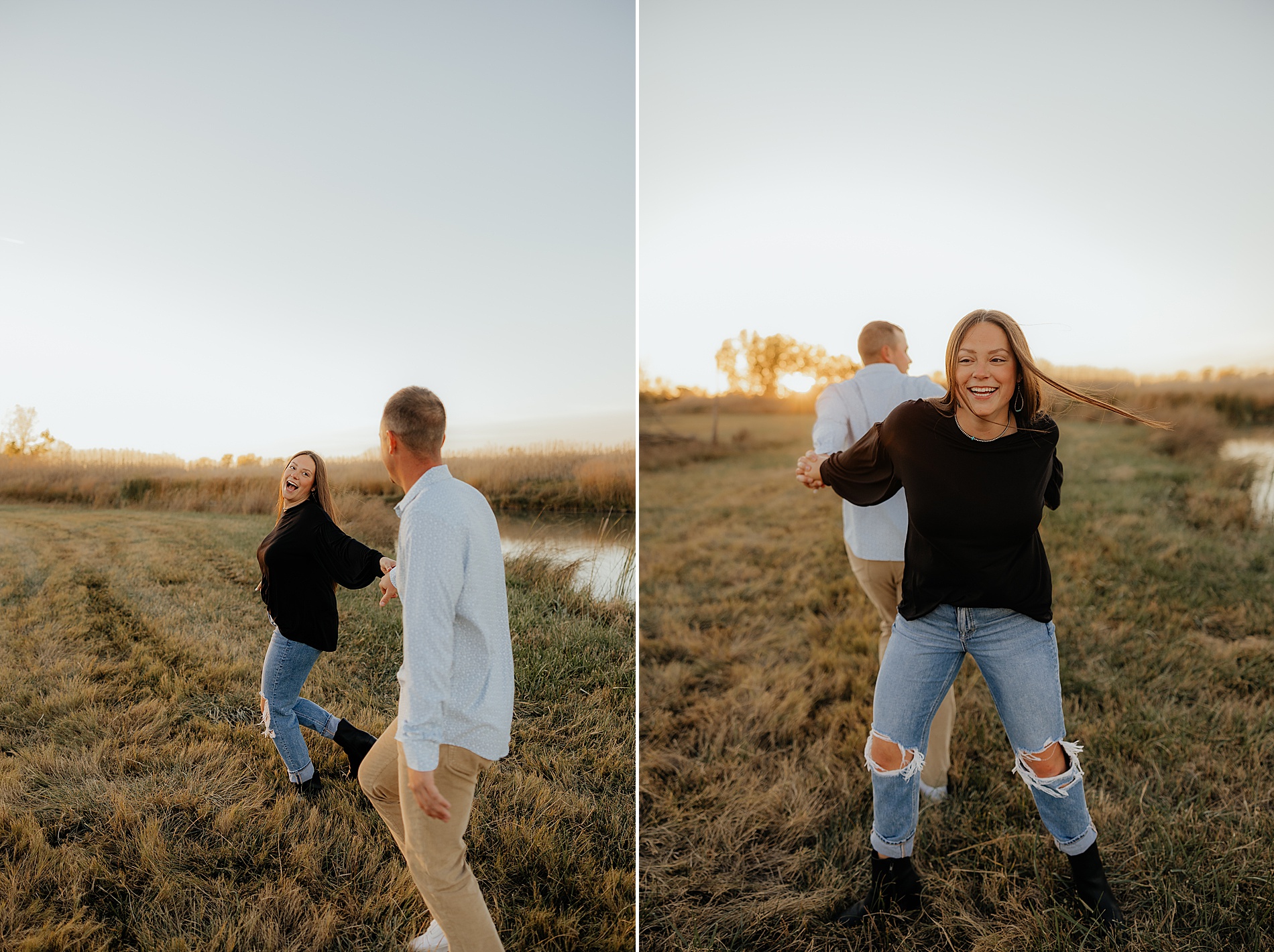 Couple dance and laugh during Candid and Fun Engagement Session