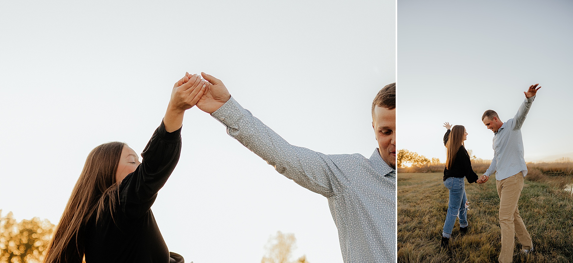 candid engagement photos of couple dancing