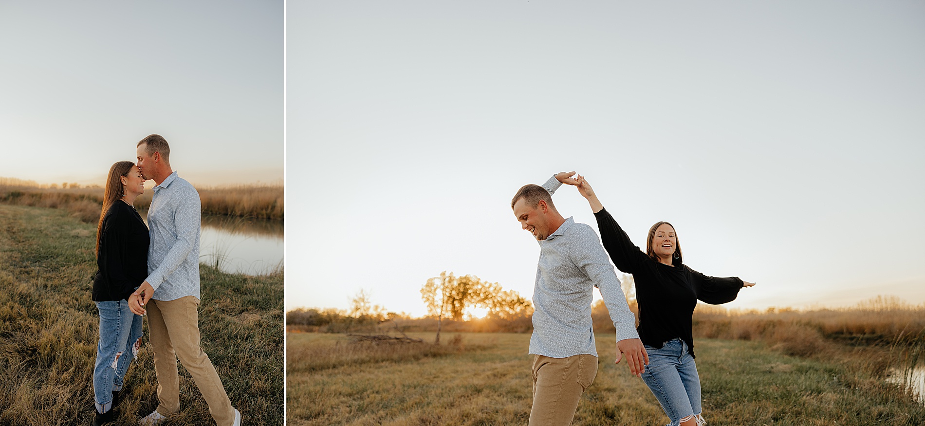 joyful and playful couple have fun together as they dance during engagement session