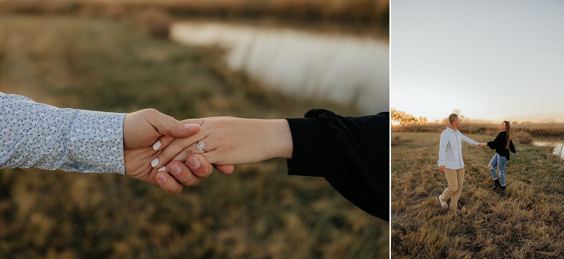 couple holding hands showing off engagement ring