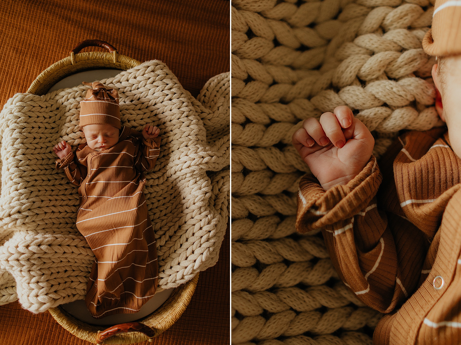 newborn in basket with woven blanket