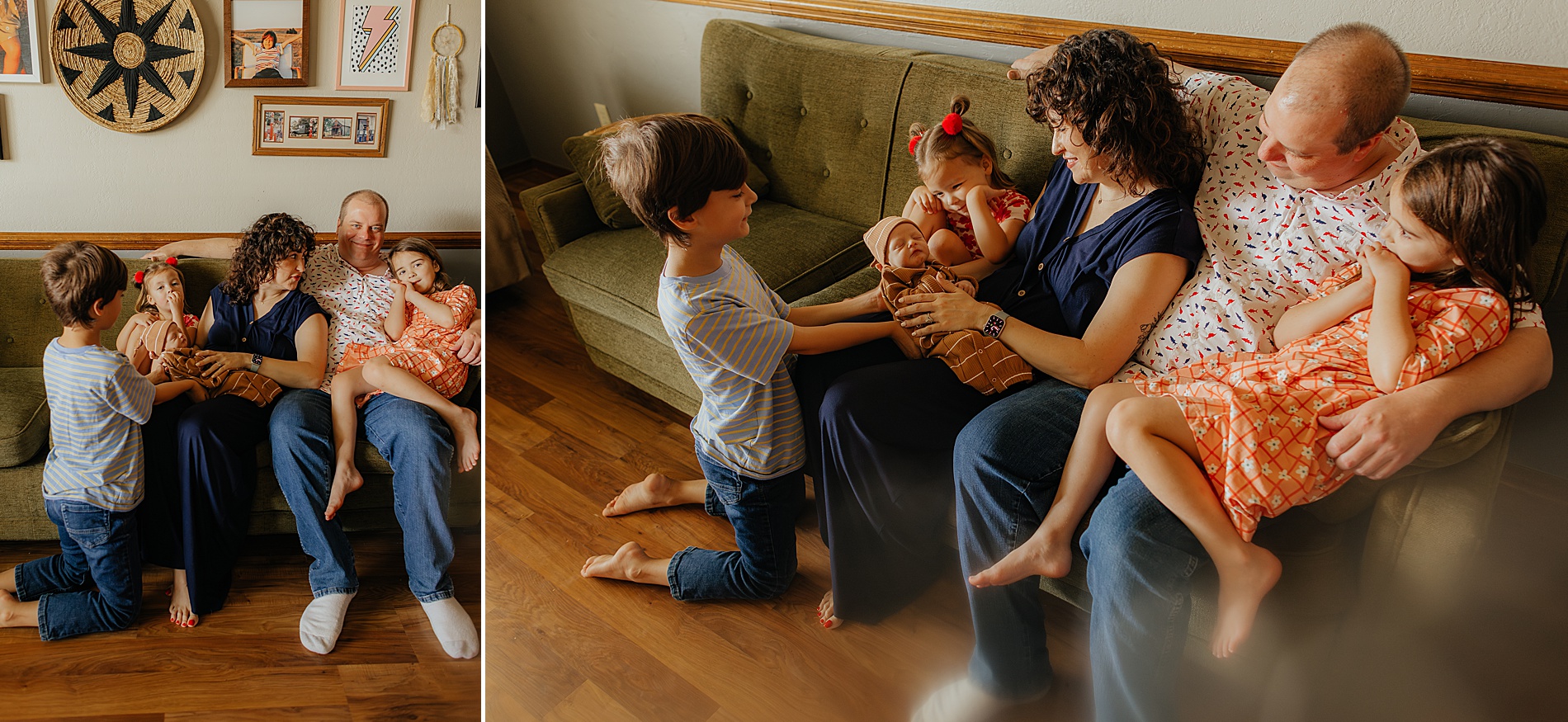 Family of six sits together on couch
