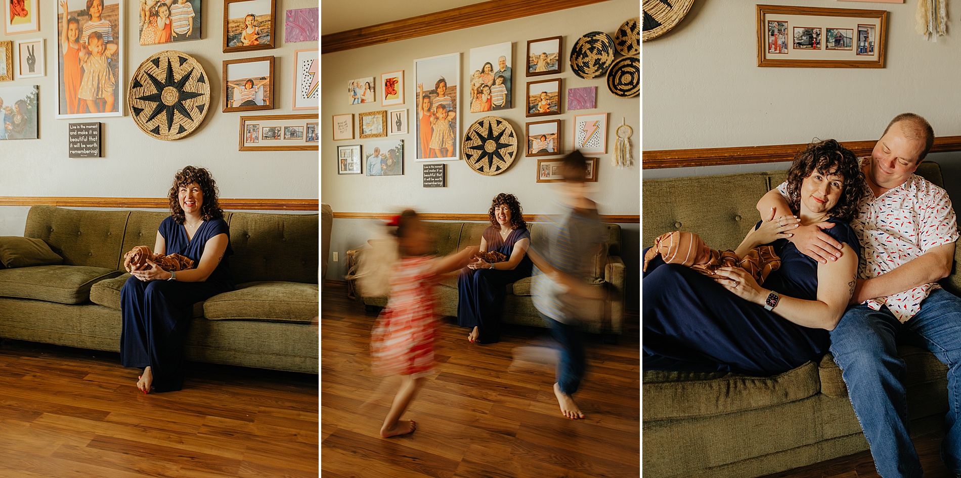 parents sit together with newborn while kids play in the room