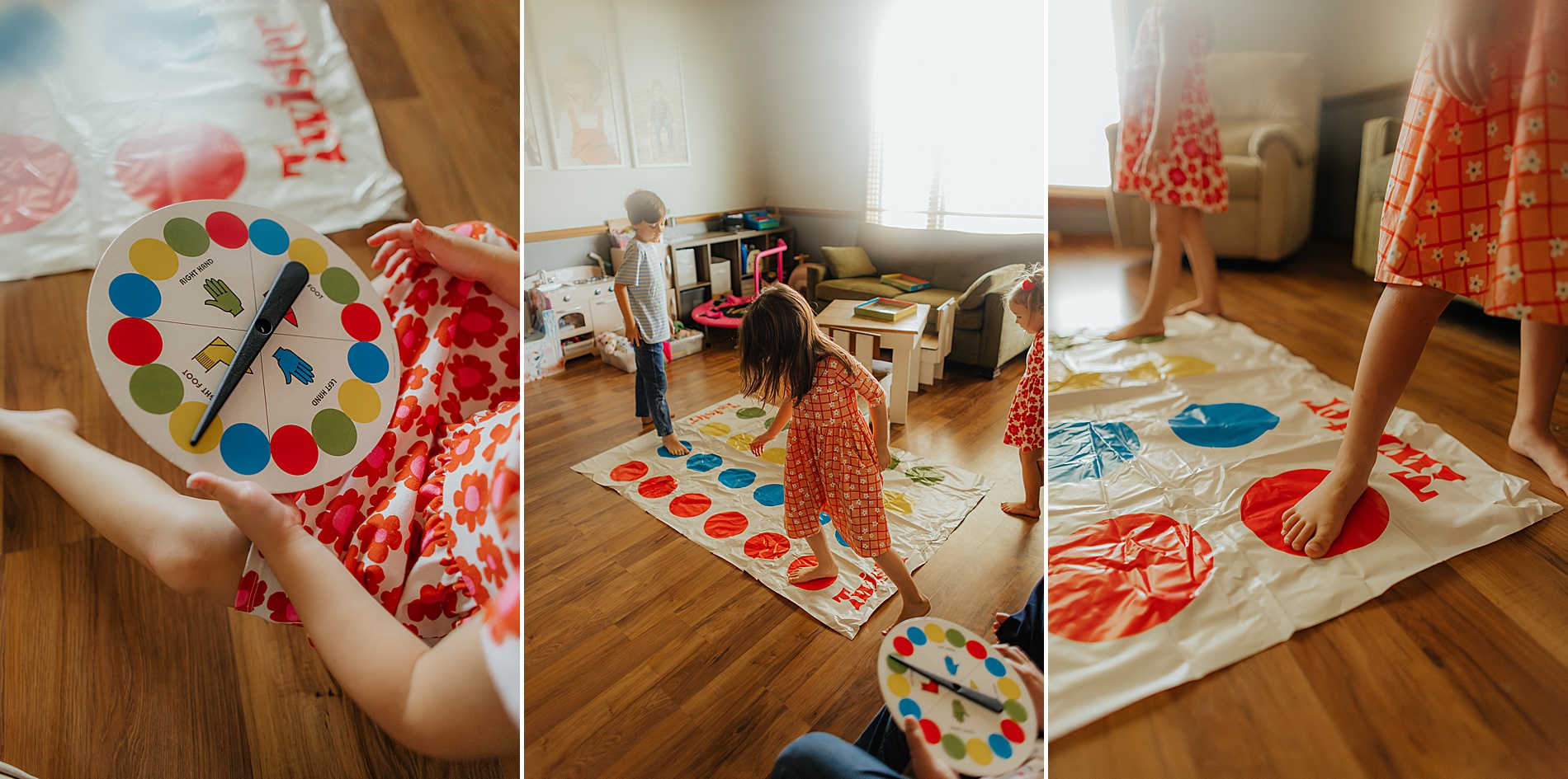 family plays a game of twister during Candid Lifestyle Newborn session