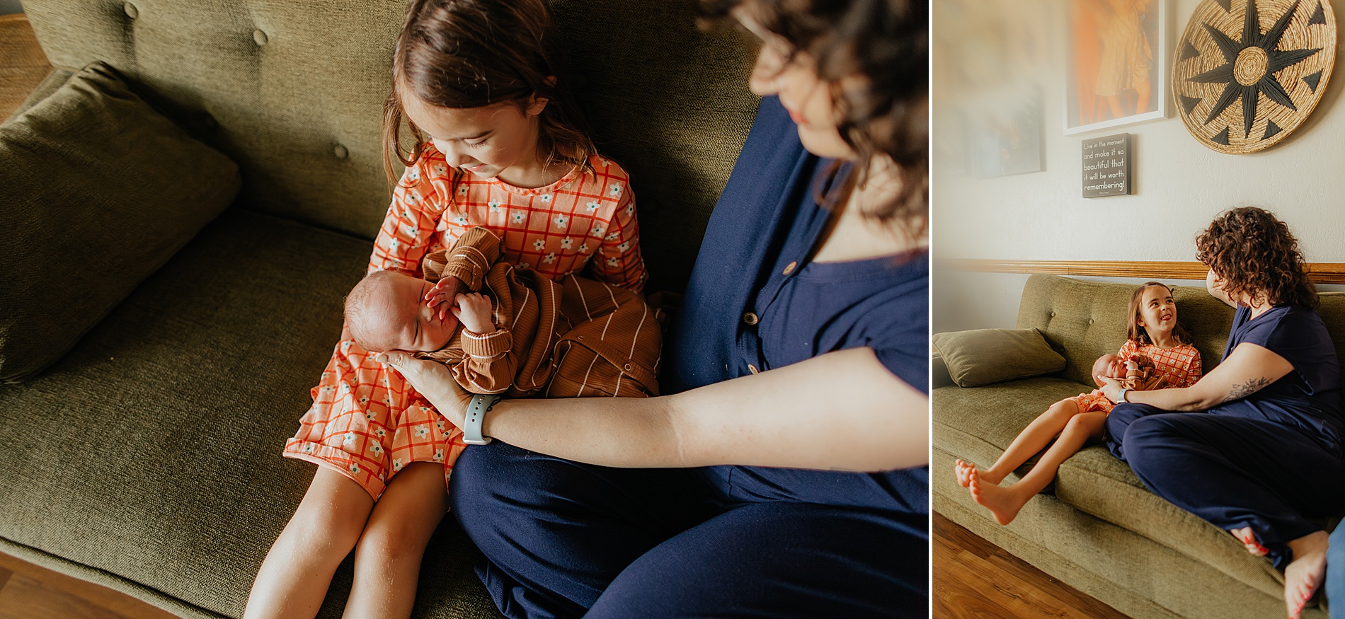 mom and big sister hold baby brother