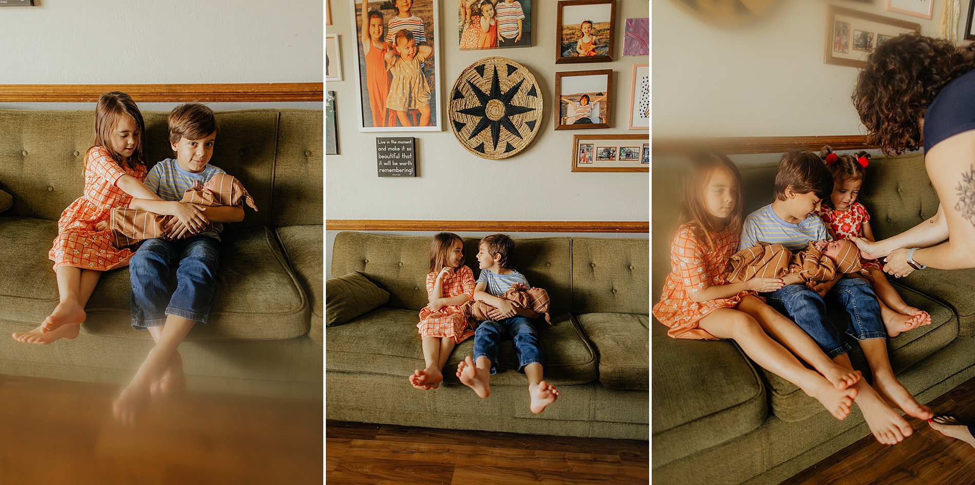 siblings help hold baby brother
