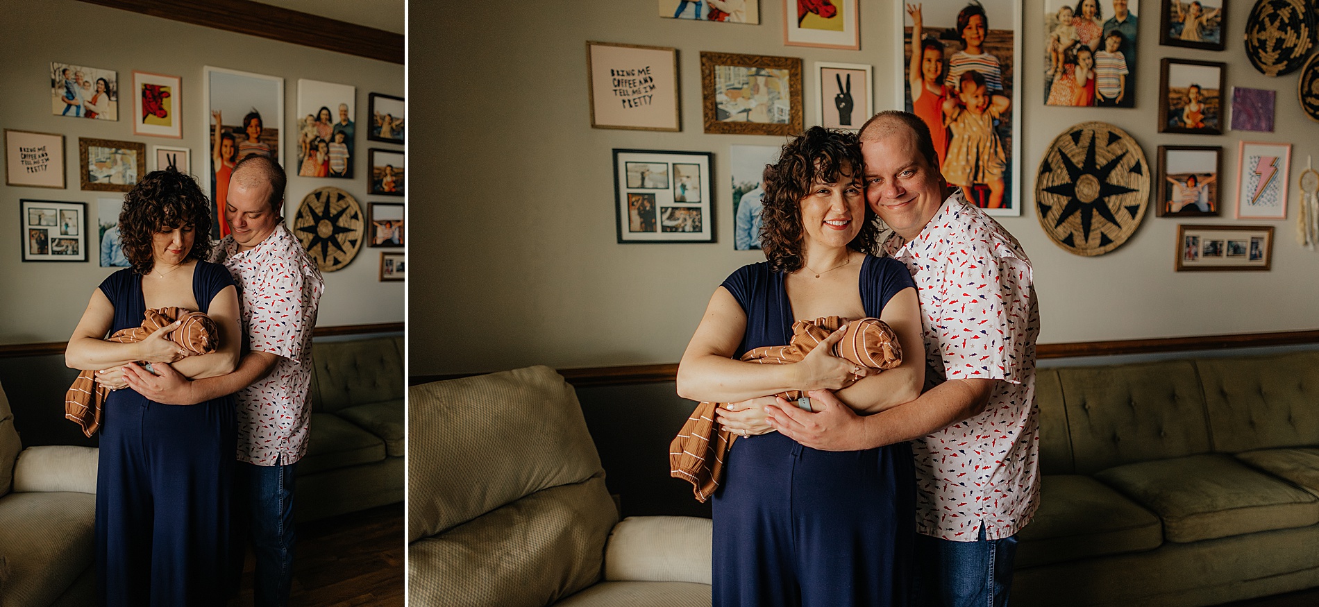 parents hold newborn in living room of Texas home