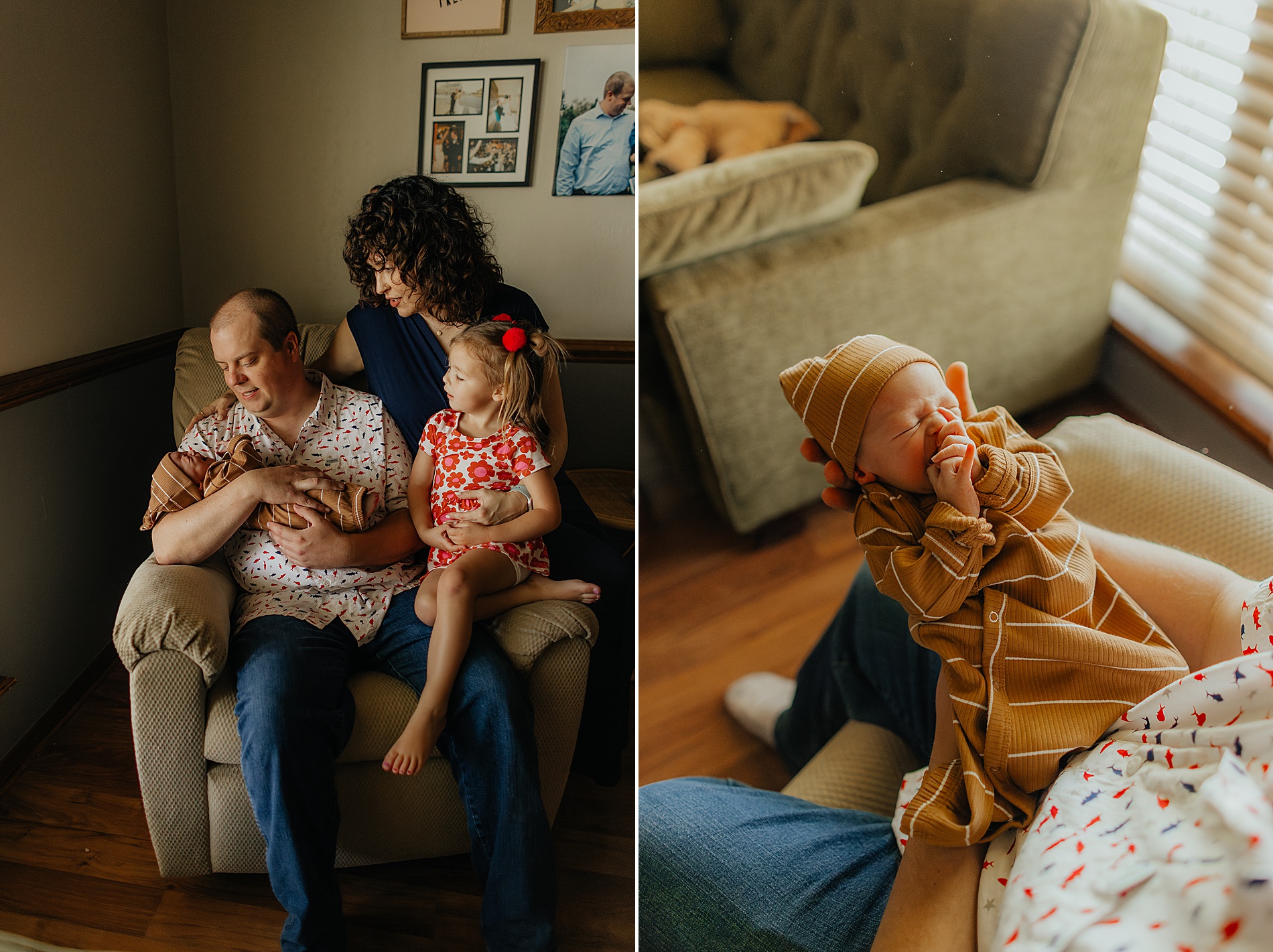 dad holds newborn with mom and little sister sitting nearby