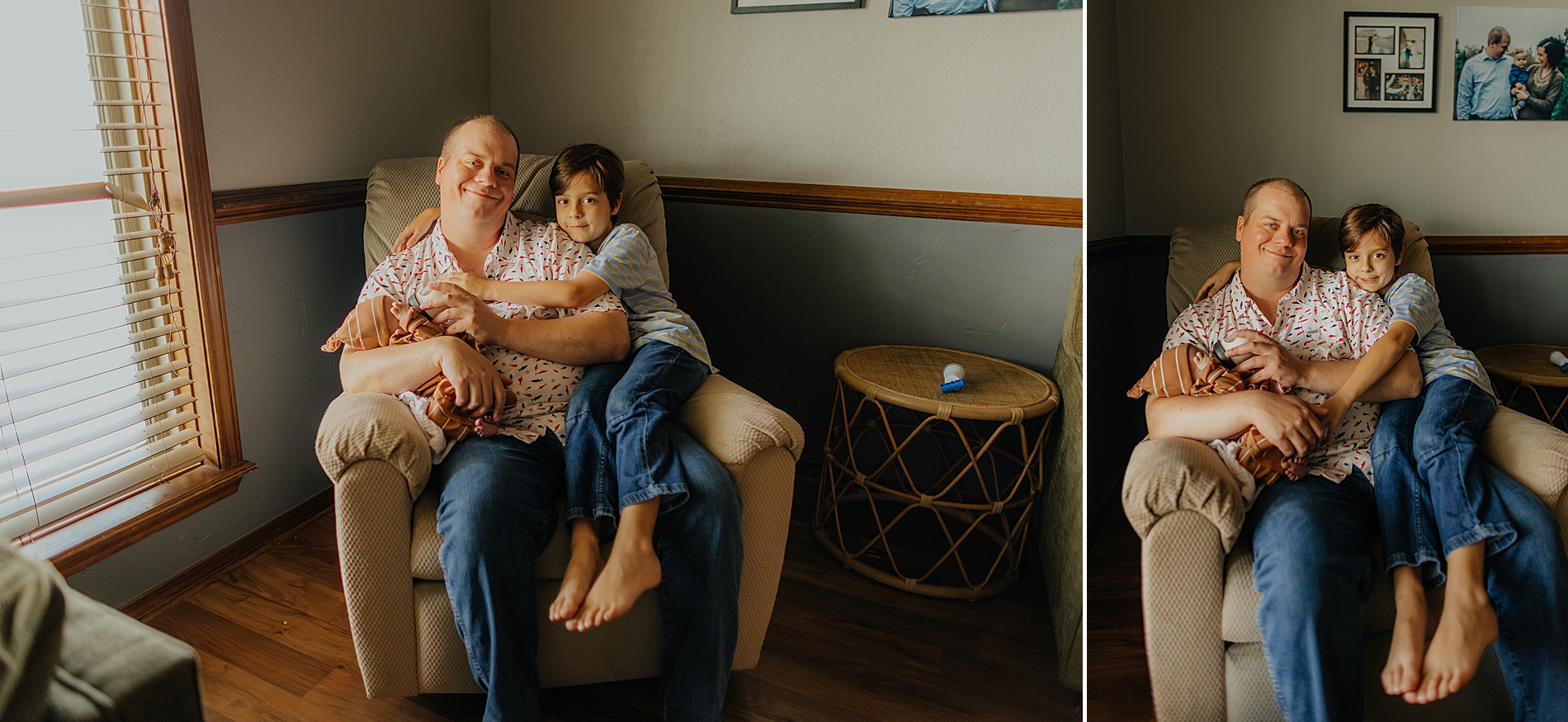 dad sits in chair with his 2 sons